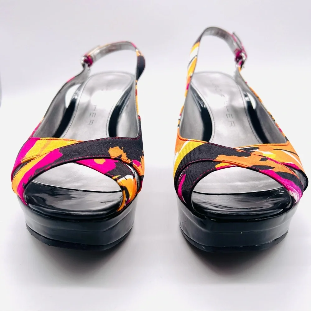 MARC FISHER Platform Peep Toe Wedges Sandals Shoes Multi Color Black Pat…